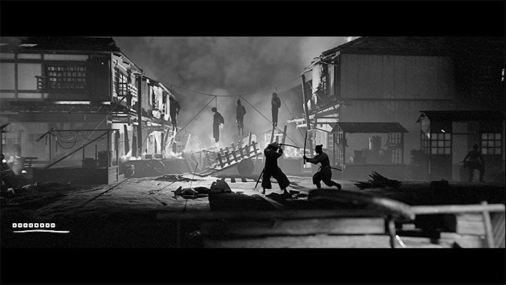 Climb the wooden structure next to the burning building on the left and move to the right - Trek to Yomi: Chapter 3 - walkthrough - Walkthrough - Trek to Yomi Guide