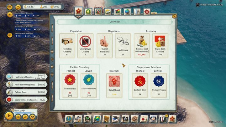 The Overview page includes brief descriptions of the most important elements that you can find in the remaining tabs. - Starting tips for Tropico 6 - Basics - Tropico 6 Guide