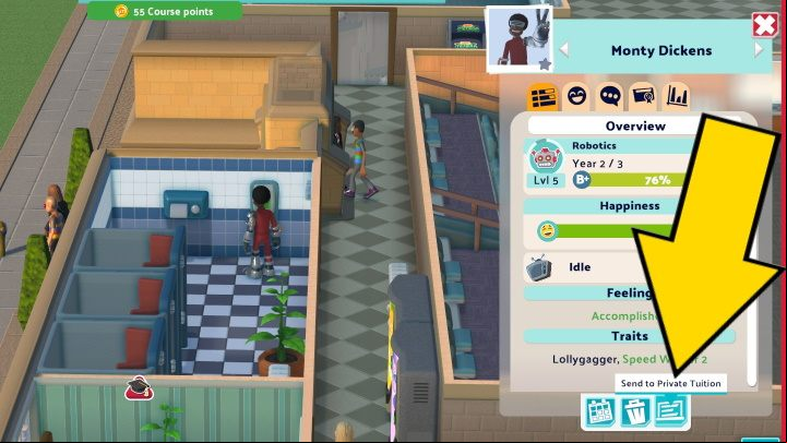 To send a student for tutoring, select the student you are interested in or click on their character model on the map - Two Point Campus: Grades - how to improve? - FAQ - Two Point Campus Guide