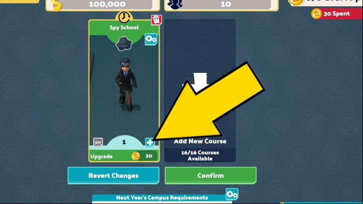 To upgrade an already held course you must click the plus icon under the course in question - Two Point Campus: Courses and Course Points - Basics - Two Point Campus Guide