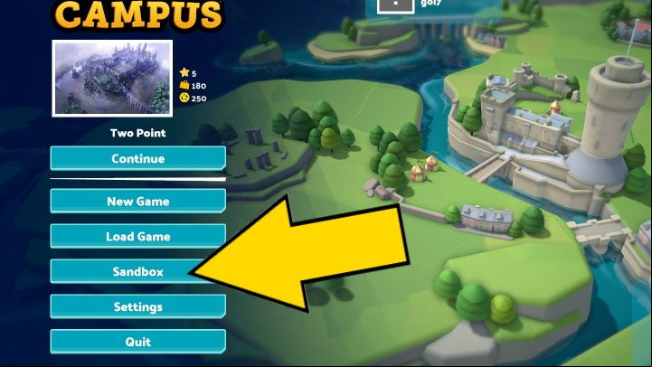 To unlock Sandbox mode you must acquire a single star at the Noblestead campus (the fourth college available) - Two Point Campus: Sandbox mode - how to unlock? - FAQ - Two Point Campus Guide