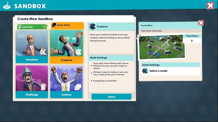 When entering Sandbox mode you must first choose one of the twelve available maps - Two Point Campus: Sandbox mode - how to unlock? - FAQ - Two Point Campus Guide