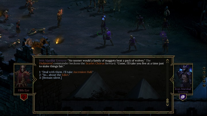 You always carry on the conversation from the perspective of the character youve created at the beginning of the game, but often enough other party will the conversation in reaction to the dialogue options you select - Dialogues - Important information - Tyranny Game Guide