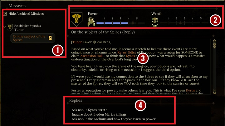 This allows you to read letters and send your own messages - The Interface - The Basics - Tyranny Game Guide