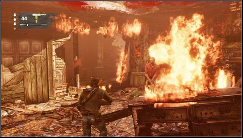 When we find ourselves in a dead end, we have to wait for a while until the fire starts to consume the wall, which will then be knocked over by several enemies - Uncharted 3: Chapter 7 - Stay in the Light walkthrough - Walkthrough - Uncharted 3 Drakes Deception Guide