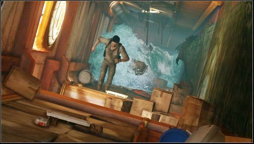 As we walk along the corridor, we will see the wall behind us crack - Uncharted 3: Chapter 15 - Sink or Swim walkthrough - Walkthrough - Uncharted 3 Drakes Deception Guide