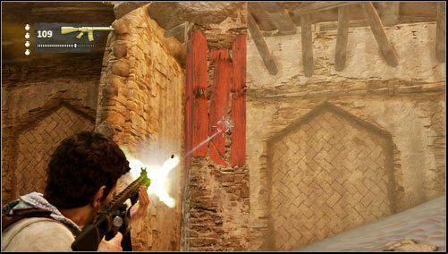 After you move through the gate, Marlos man will run up and destroy the pillar that s the floor youre currently standing on - Uncharted 3: Chapter 19 - The Settlement walkthrough - Walkthrough - Uncharted 3 Drakes Deception Guide