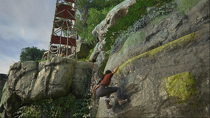 Grab on to the green ledges on the cliff wall and climb up - Reach the railway station - 8. Partners | Walkthrough - Walkthrough - Uncharted: The Lost Legacy Game Guide