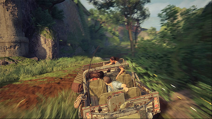 Perform shoves to get rid of the motorcycles as their engers can jump on your jeep and create a serious problem - 9 - End of the Line | Walkthrough - Walkthrough - Uncharted: The Lost Legacy Game Guide