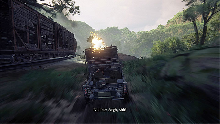 Drive the stolen jeep up to the truck with the machine gun and wait for the grappling hook icon to appear (the screenshot above) - 9 - End of the Line | Walkthrough - Walkthrough - Uncharted: The Lost Legacy Game Guide