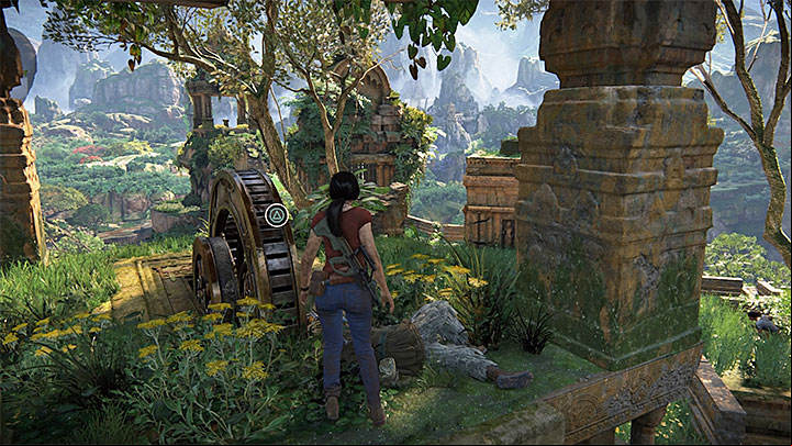 After securing the ruins, try to locate the mechanism shown above - its at the top of one of the tall, stone buildings - 4 - Exploring the Parashurama Fort (bow and arrow)| Walkthrough - Walkthrough - Uncharted: The Lost Legacy Game Guide