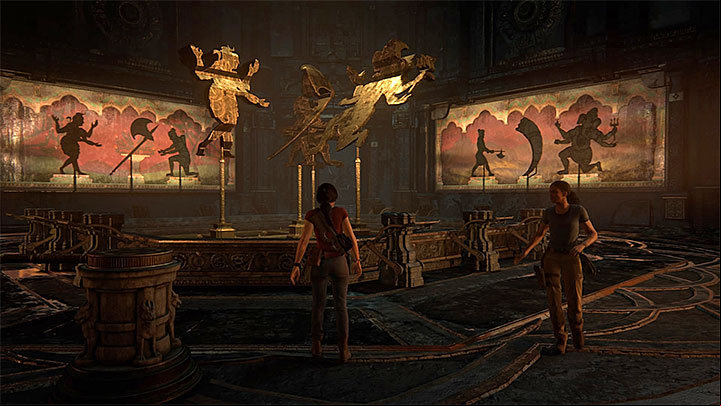 The final result has been shown in the above screenshot - shadows on both walls have to overlap with the wall paintings - Shadow Theater Trophy | Trophy Guide - Trophy Guide - Uncharted: The Lost Legacy Game Guide