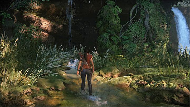 While exploring the new part of the jungle, stop the jeep after reaching the location with two small waterfalls - 3 - Homecoming | Walkthrough - Walkthrough - Uncharted: The Lost Legacy Game Guide