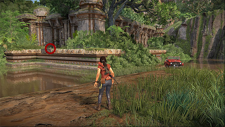 This treasure is in the small ruins that you have to reach from the Eastern direction (i - 4 - Treasures in Wester Ghats | Secrets - Secrets - Uncharted: The Lost Legacy Game Guide