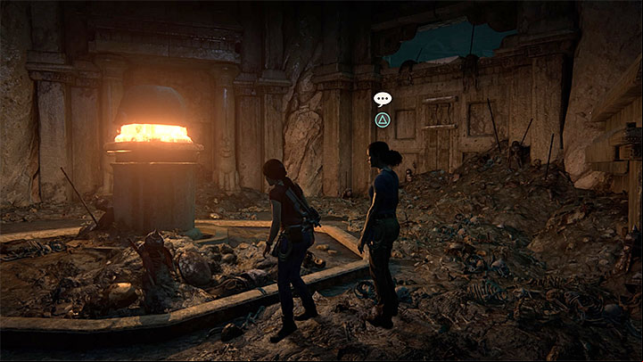 You can have this conversation after opening the door in the ruins, the ones with an unusual lock - 5 - The Great Battle - All secrets - Secrets - Uncharted: The Lost Legacy Game Guide
