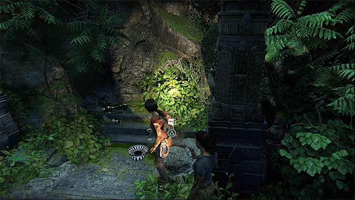 You will find the first treasure in this chapter soon after you have used the rotary mechanism in the ruins, where there has been a big battle and after you have taken the newly-unlocked age into the underground - Secrets in The Gatekeeper chapter | Secrets - Secrets - Uncharted: The Lost Legacy Game Guide