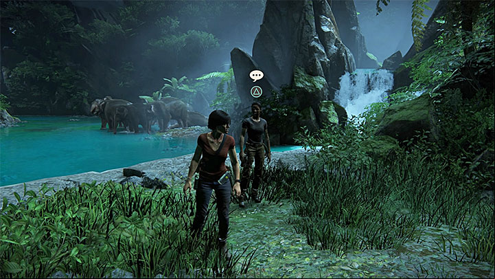 The conversation with Nadine takes place inside the large cave with elephants - Secrets in The Gatekeeper chapter | Secrets - Secrets - Uncharted: The Lost Legacy Game Guide