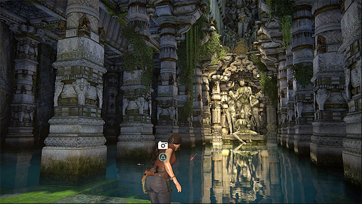 Stand by the flooded part of the chamber shown in the above screenshot to find another photo opportunity location (5/7) - 7 - A visit to the library | The Lost Legacy | Walkthrough - Walkthrough - Uncharted: The Lost Legacy Game Guide