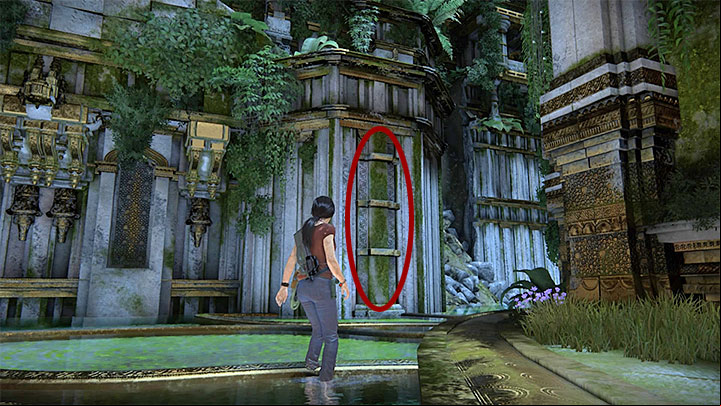 Only after you have carefully explored the entire bottom level, check out the area to the left of the statue and find ledges shown in the above screenshot - Solution to the puzzle with Shivas statue | Walkthrough - Walkthrough - Uncharted: The Lost Legacy Game Guide