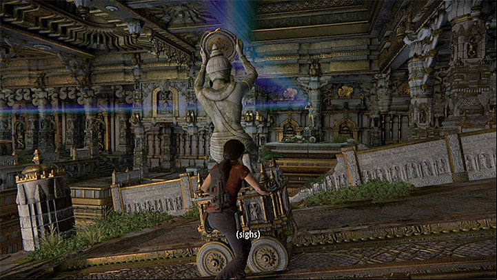 You can now go towards the statue on rails and with mirror, in the distance - Solution to the puzzle with prisms | Walkthrough - Walkthrough - Uncharted: The Lost Legacy Game Guide