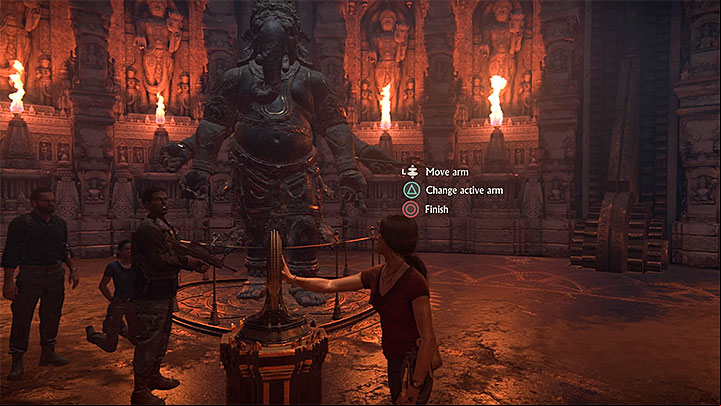 The other part of the puzzle assumes that you manipulate limbs of Ganeshas statue to match what you see on the wall - Solution to the puzzle with Parasharma and Ganesha | Walkthrough - Walkthrough - Uncharted: The Lost Legacy Game Guide