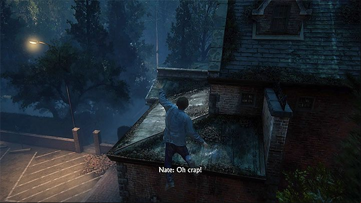Prepare to jump while you are sliding down the steep roof. - Uncharted 4: Chapter 1 The Lure of Adventure - walkthrough - Walkthrough - Uncharted 4: A Thiefs End Game Guide