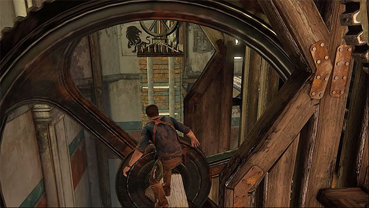 Ignore the cogs to higher levels of the tower and, instead, stand on the projecting wooden beam shown in the above screenshot - Uncharted 4: Chapter 11 Hidden in Plain Sight - walkthrough - Walkthrough - Uncharted 4: A Thiefs End Game Guide