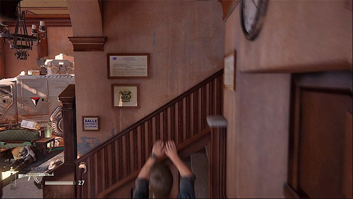 Climb onto the balustrade quickly and climb the stairs to the upper floor - Uncharted 4: Chapter 11 Hidden in Plain Sight - walkthrough - Walkthrough - Uncharted 4: A Thiefs End Game Guide