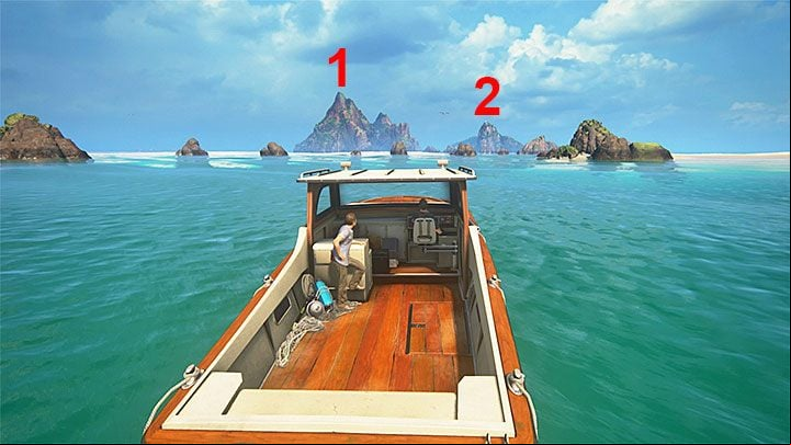The archipelago is predominantly made up of two main isles marked in the above screenshot- 1 (the larger one) and 2 (the smaller one) - Uncharted 4: Chapter 12 At Sea - walkthrough - Walkthrough - Uncharted 4: A Thiefs End Game Guide