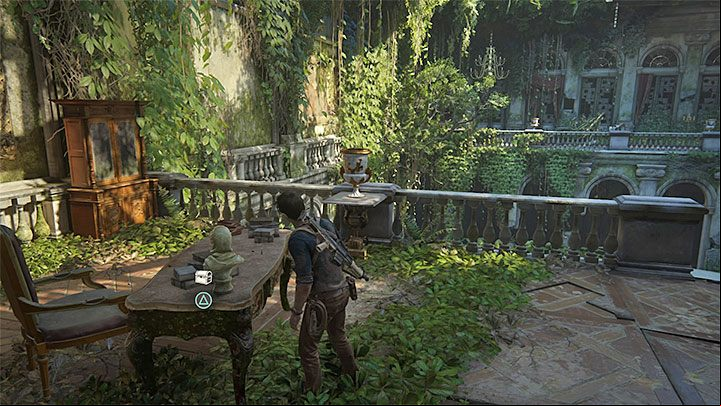 After you reach the upper floor, jump over the destroyed floor fragment and reach the desk shown in the above screenshot, where there is the treasure - Uncharted 4: Chapter 14 Me in Paradise - treasure list - Treasures - Uncharted 4: A Thiefs End Game Guide