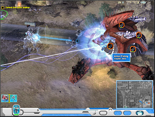 Some of the destroyed hardpoints of the Walker will expose its coolant code (screen) - Mission 2 - part 2 - Prelude - Universe at War: Earth Assault - Game Guide and Walkthrough