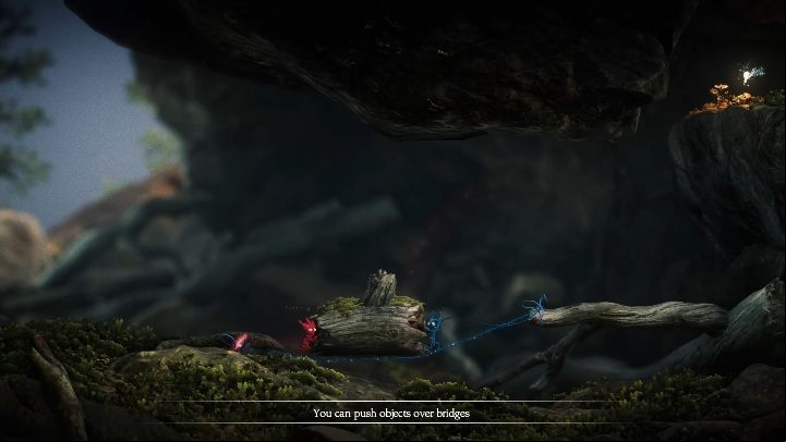 A bit further, you will see a piece of a branch - you have to move it forward, to be able to reach the rock - Foreign Shore level walkthrough in Unravel 2 - Walkthrough - Unravel 2 Game Guide