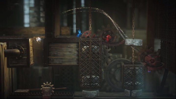 Then jump up and move the sprocket to the free position - At the Rapids level walkthrough in Unravel 2 - Walkthrough - Unravel 2 Game Guide