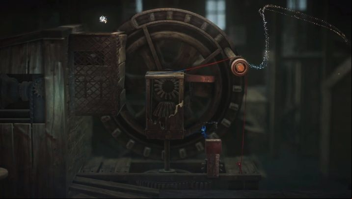 Then take the red character to the metal lever protruding from the platform and leap over the perpendicular handle - How to go past the turbine in At the Rapids in Unravel 2? - FAQ - Unravel 2 Game Guide