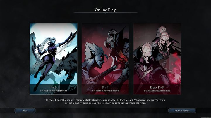 By selecting the "Online game" option, you will be able to one of the public servers and play together or against other vampires - V Rising: Game modes and servers - game mode list and information about servers - Basics - V Rising Guide