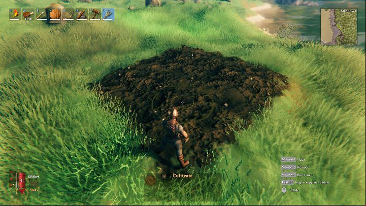Equip your character with a Cultivator, open the action menu with MMB, select Cultivate, and till a part of your land - Valheim Guide