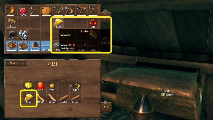 that when using this method, resources or items will be automatically added to previously deposited stacks - Valheim: Inventory management - tips, key shortcuts - Basics - Valheim Guide