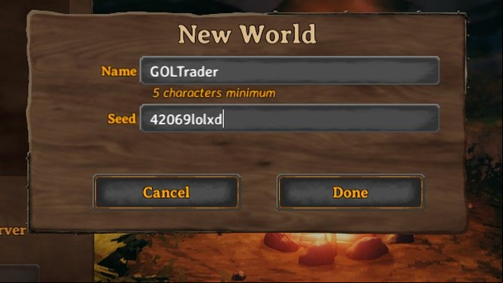 To connect to this world, simply create a new server, name it as you wish, then enter seed 42069lolxd and to the game - Valheim: Merchant/Vendor seed server - how to connect? - Exploration and survival - Valheim Guide