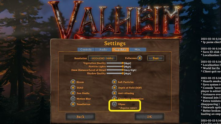 Run Valheim, open the settings and go to the graphics options - Uncheck VSync - Valheim: 60 FPS limit - how to remove it? - Appendix - Valheim Guide