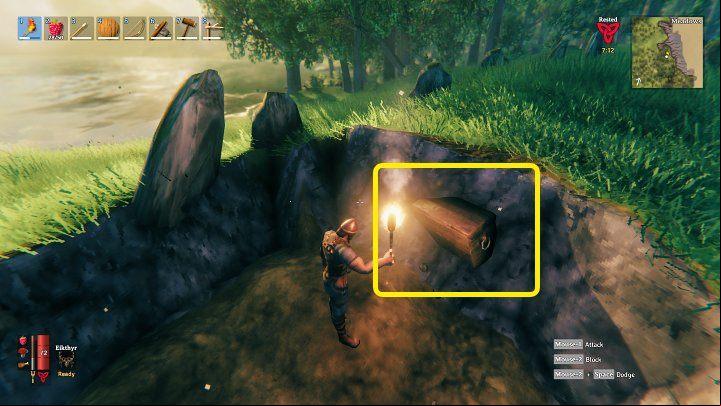 Equip your character with a pickaxe (Antler Pickaxe or a similar item) and start digging - it's best to start at one end and keep moving forward until you come across a treasure chest - Valheim: Buried Treasure - how to find it? - Exploration and survival - Valheim Guide
