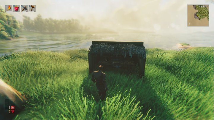 A roof for a workbench is very easy to make – you just need 4 wooden walls and two pieces of thatch roof - Valheim: Day 1 - how to survive? Where to start? - Basics - Valheim Guide