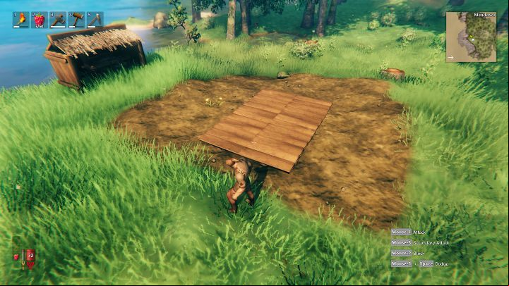 Equip your character with a hammer, open the action menu (RMB), and select the Wood floor 2x2 from the build tab - Valheim: Day 1 - how to survive? Where to start? - Basics - Valheim Guide