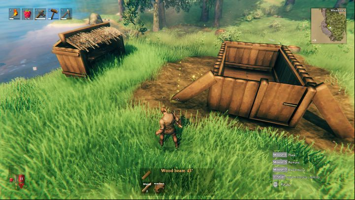 Select the Wood beam 45° from the build menu and use them to the walls on both sides of the building's entrance - Valheim: Day 1 - how to survive? Where to start? - Basics - Valheim Guide