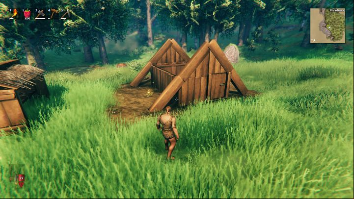 Select the Wood wall 45° from the build menu and place two walls above the entrance to create the top of the house - Valheim: Day 1 - how to survive? Where to start? - Basics - Valheim Guide