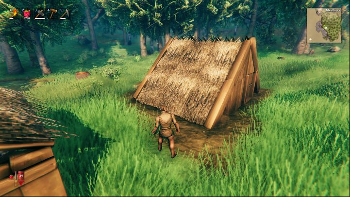 Select the Thatch roof 45° from the build menu and use it to cover the roof of your shelter – from the ground to the top of the roof - Valheim: Day 1 - how to survive? Where to start? - Basics - Valheim Guide