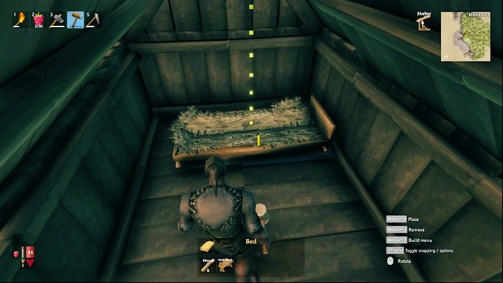 Go inside the building, open the Furniture menu, select the bed and then place it near the back wall of the shelter - Valheim: Day 1 - how to survive? Where to start? - Basics - Valheim Guide