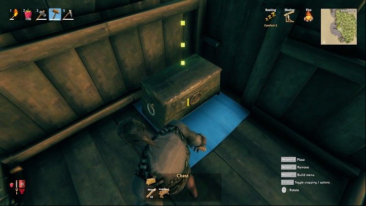 It's also a good idea to put at least one chest inside where you can store resources or other items you don't want to take with you when exploring the map - Valheim: Day 1 - how to survive? Where to start? - Basics - Valheim Guide