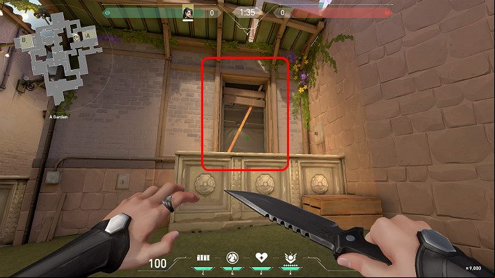 The image above shows a player standing in front of an elevation leading to a well-camouflaged window - Valorant: Ascent map description for defenders and attackers, callouts - Maps - Valorant Guide