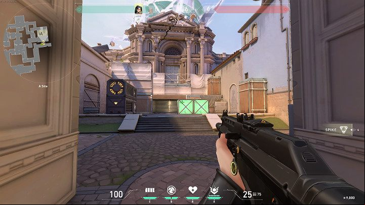 The image above shows a character looking towards Site A Scaffolding covered with canvas and thin plywood is a Rafters (Heaven) and is a convenient point for snipers - Valorant: Ascent map description for defenders and attackers, callouts - Maps - Valorant Guide