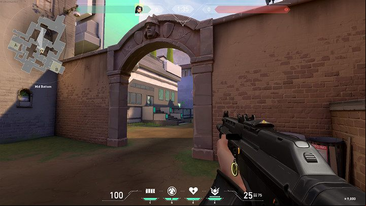 In the image above, a player can be seen pointing in the direction of the A Lobby - a age that leads both towards Spike plant site and towards Mid - Valorant: Ascent map description for defenders and attackers, callouts - Maps - Valorant Guide